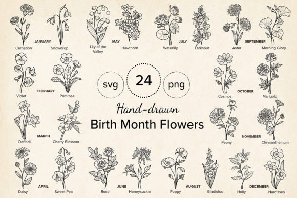 24 Hand-drawn Birth Month Flowers Bundle: A Garden of Design Possibilities