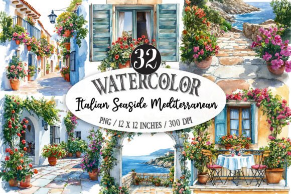 Capturing Coastal Charm: Italian Seaside Mediterranean Clipart