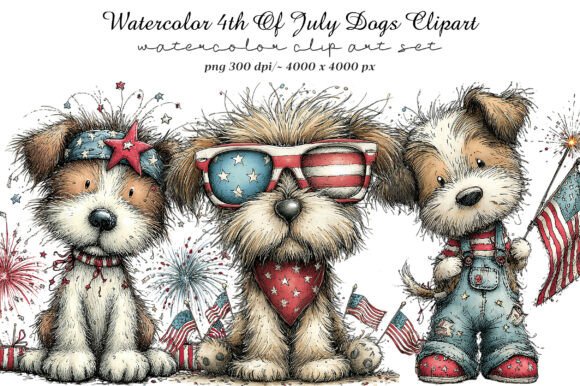 Celebrate in Style: Adorable Watercolor 4th of July Dogs Clipart