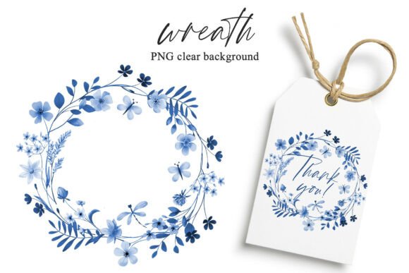 Enchanting Watercolor Wreath: Blue Flowers & Butterflies Clipart