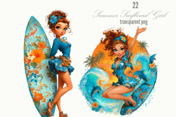 Summer Surfboard Girl Whimsical Clipart for Fun Designs