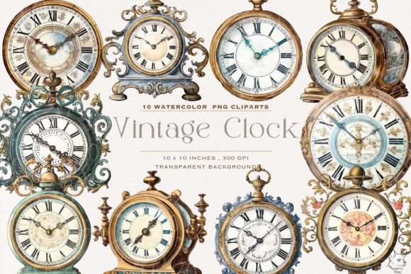 Timeless Design: Unleashing Vintage Clock Watercolor Clipart