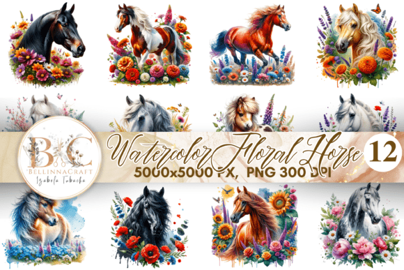 Watercolor Floral Horse Clipart: Rustic Charm for Modern Projects