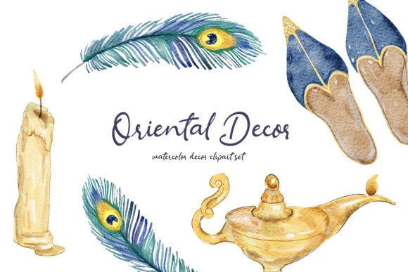 Watercolor Oriental Decor Clipart Set: A Designer's Touch of Eastern Elegance